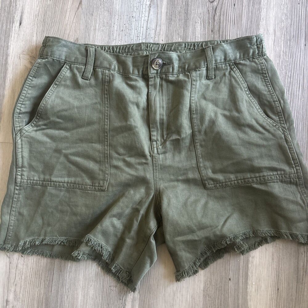 Aerie Adventure Cutoff Shorts Women’s Olive Green Linen Frayed Hem Med